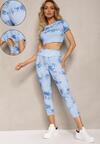 Niebieski Komplet Sportowy z Printem Tie-Dye z Koszulką Cropped i Legginsami Davenia
