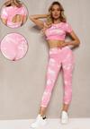 Różowy Komplet Sportowy z Printem Tie-Dye z Koszulką Cropped i Legginsami Davenia