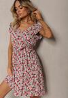 Rochie roșu-verde din viscoză cu croi clos cu elastic în talie și curea din material