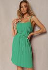 Zielona Rozkloszowana Sukienka na Regulowanych Ramiączkach z Materiałowym Paskiem Liavara