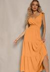 Pomarańczowa Sukienka z Kopertowym Dekoltem na Ramiączkach z Gumką w Pasie i Falbankami Ebiviana