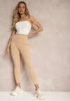 Beżowe Legginsy High Waist z Gumką w Pasie Cloen