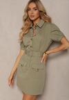 Rochie Verde Închis din Bumbac în Stil Utilitar cu Curea cu Cataramă și Buzunare Mleata