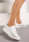 Pantofi sport cu șireturi albi plate din piele cu sclipici și model decupat Wombia