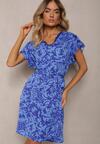 Rochie bleumarin în cutie cu model ornamental cu curea și inserție din dantelă Ceviana