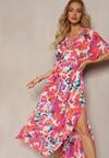 Rochie alb-roz cu imprimeu floral evazată cu șlițuri laterale Moariel