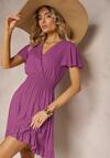 Rochie Violetă din Bumbac cu Elastic în Talie cu Decolteu în V și Falduri Quola