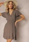 Rochie bej închis din bumbac cu elastic în talie cu decolteu în V și volane Quola