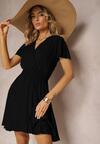 Rochie Neagră din Bumbac cu Elastic în Talie cu Decolteu în V și Volane Quola