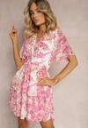 Rochie Roz Clopot Cu Imprimeu Floral Decolteu Triunghiular Elastic In Talie Qrinna