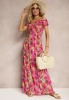Rochie galben-roz evazată tip spaniolă din viscoză cu imprimeu floral Viseria