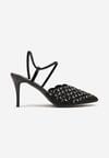 Sandale Negre cu Toc Slingback cu Pietre Dimte