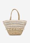 Geantă Shopper Alb-Bej cu Fermoar Decorată cu Paiete Franjuri și Panglică din Dantelă Laxbia