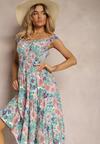 Rochie Roz-Albastru cu Elastic in Talie pe Bretele cu Volane Florale cu Nasturi Decorativi Arcovia
