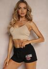 Scurți negri din bumbac cu elastic în talie și șnur Zdobit cu imprimeu decorativ Jertalia