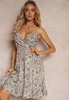 Rochie Alb-Bej din Viscoză cu Bretele cu Elastic în Talie și Decolteu în V Dimika