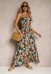 Rochie bleumarin-albastră din viscoză cu flori cu elastic în talie și bretele reglabile Ostialia