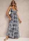 Rochie boho alb-bleumarin din viscoză cu elastic în talie și decolteu triunghiular Winsalia