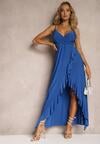 Rochie bleumarin tip plic de seară cu bretele cu volan și decolteu triunghiular Nestany