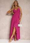 Rochie de Seară Fucsia Tip Plic cu Bretele cu Volan și Decolteu Triunghiular Nestany