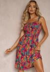 Rochie roz-galbenă din viscoză cu bretele cu elastic în talie și nasturi Pevlea