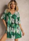 Rochie Alb-Verde Cloș cu Volan și Decolteu Triunghiular Tiamaya