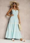 Rochie bleu deschis cu nasturi pe bretele cu elastic în talie și volan Tiamalia