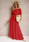 Czerwona Sukienka o Hiszpańskim Dekolcie z Bawełny i Wiskozy z Paskiem i Gumką w Talii Tiamalena