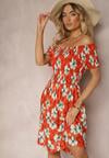 Rochie portocalie evazată tip Carmen cu elastic în talie cu flori Nametris