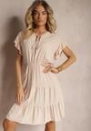 Rochie bej legată cu curea din material cu elastic în talie și volan Tiamari
