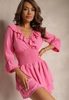 Rochie tip creion roz închis cu volan decorativ și elastic în talie Tesora