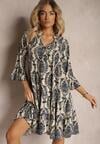 Rochie bleumarin-bej din bumbac cu croi evazat finisată cu volan Niloa
