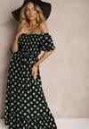 Rochie din Bumbac Neagră-Verde cu Decolteu Încretat și Curea din Material Tesaya