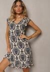 Rochie Boho cu print albastru-maro din bumbac cu bretele și volane Renee.com.ro
