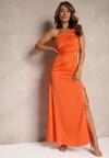 Pomarańczowa Asymetryczna Sukienka Satynowa z Wycięciem w Talii Rozcięciem na Dole i Marszczeniem Aledista