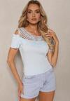 Bluză Albastru Deschis cu Mâncă Scurtă din Bumbac Decorată cu Broderie și Decupaje pe Umeri Testarla