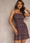 Rochie Neagră-Roz din Bumbac cu Bretele Subțiri și Elastic în Talie Tessinia
