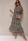 Rochie creion bej-neagră din bumbac cu elastic în talie și curea din material Teslana