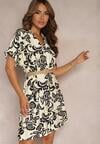 Bej-Negru Rochie Boho Cămașă Decolteu Triunghiular Model Ornamental Tonetta