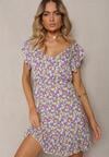 Rochie Violet-Verde din Bumbac cu Elastic în Talie și Decolteu în V Delletta