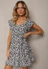 Rochie Bleumarin-Verde din Bumbac cu Elastic în Talie și Decolteu în V Delletta