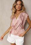 Różowa Kopertowa Bluzka z Gumką w Talii i Trójkątnym Dekoltem Vikiolla