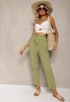 Zielone Spodnie z Bawełny Typu Paper Bag High Waist z Gumką w Talii Kitanea