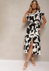 Rochie Alb-Negru în Stil Cămașă cu Curea din Material cu Imprimeu Colorat Hilefia