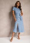 Rochie Albastră Cloș cu Croială Cămașă cu Nasturi și Curea din Material în Talie Lranea