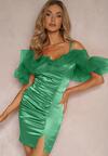 Rochie Satinată Verde cu Volane din Tul și Încrețire pe Bretele Tinamell
