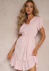 Rochie Roz Xelimia Cu Elastic In Talie Si Volane