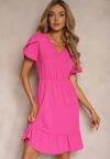 Rochie Fucsia cu Elastic în Talie și Volane cu Croială Cloș Xelimia