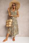 Rochie verde-bej din viscoză cu croi evazat fără mâneci Fradea