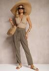 Ciemnozielone Spodnie Paper Bag High Waist z Bawełny z Gumką w Talii Emorea